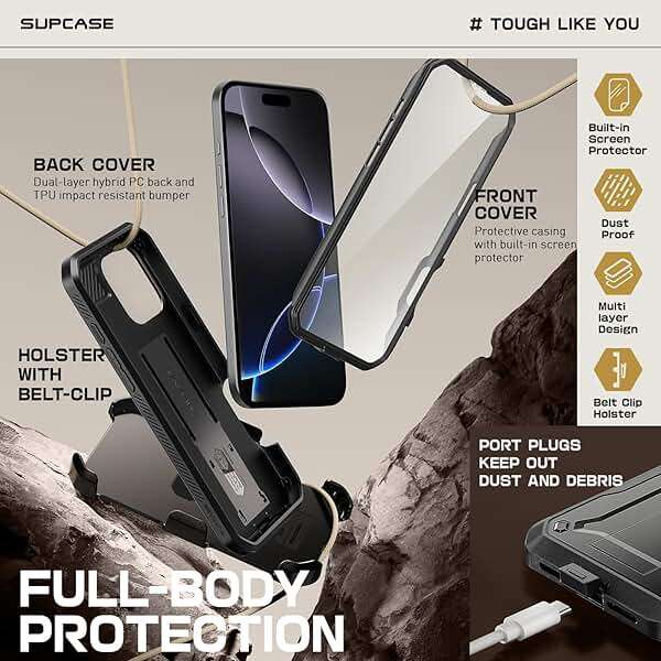 SUPCASE for iPhone 16 Pro Max Case with Screen Protector (Unicorn Beetle Pro), [Built-in Stand & Belt-Clip] [Military-Grade Protection] Full Body Heavy Duty Phone Case, Black - Image 6