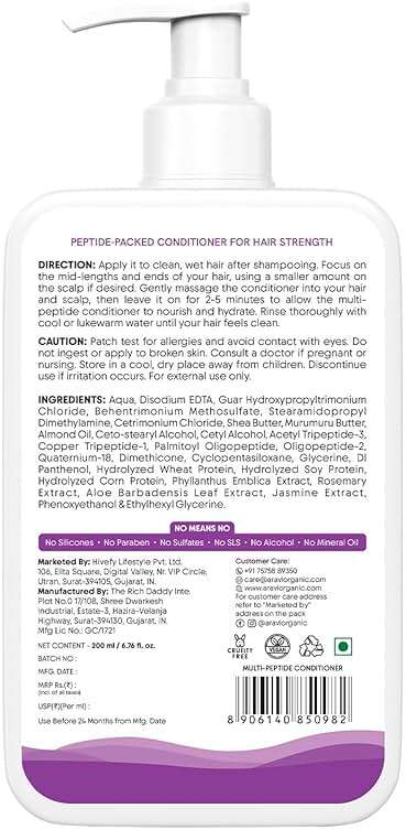 Aravi Organic Multi Peptide Hairfall Conditioner - Acetyl Tripeptide 3, Palmitoyl, Oligopeptide & Rosemary - 6.7 FL Oz / 200 ml - Image 2