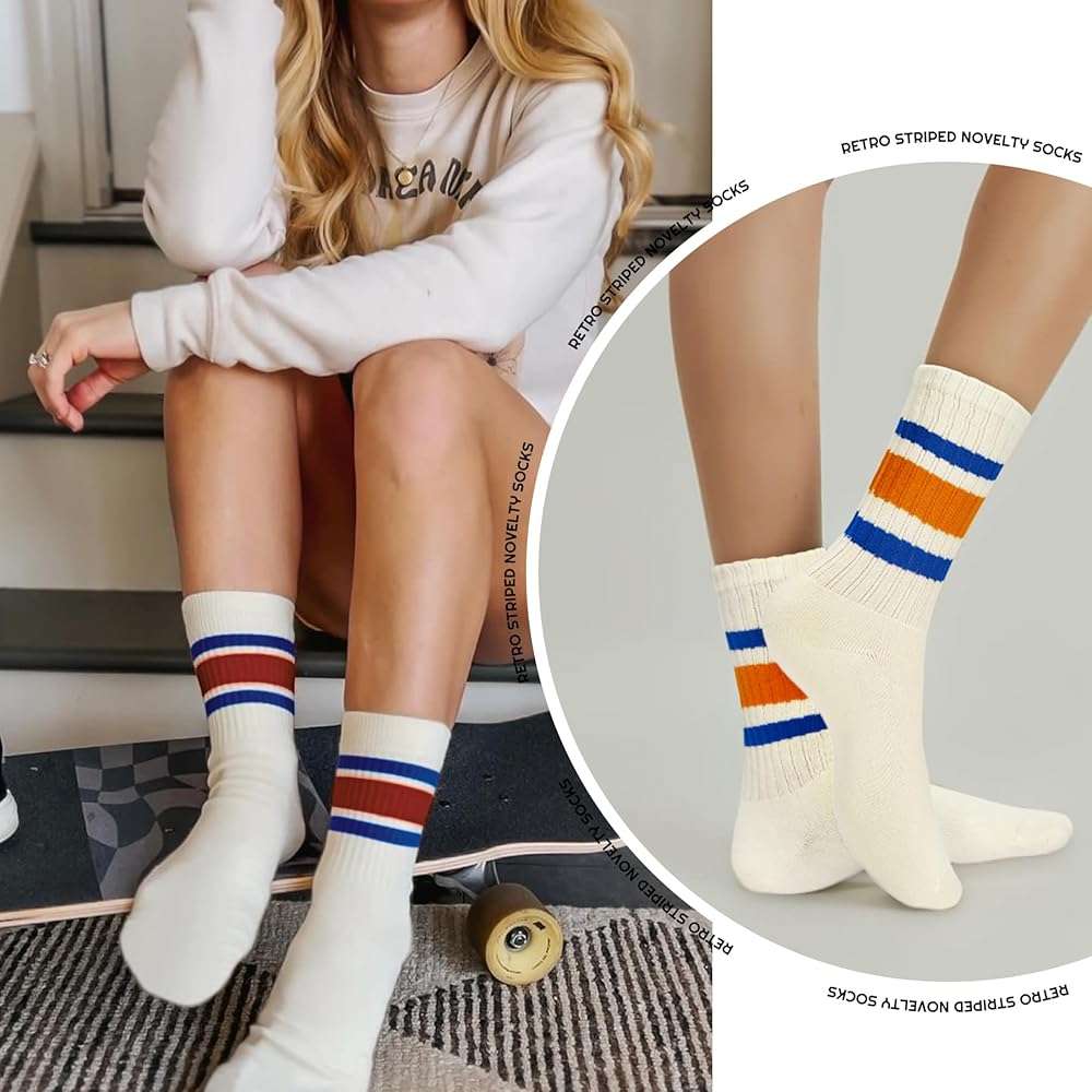 Zando Novelty Striped Retro Vintage Casual Crew Socks for Women - Cotton Sporty Calf Socks - Image 5
