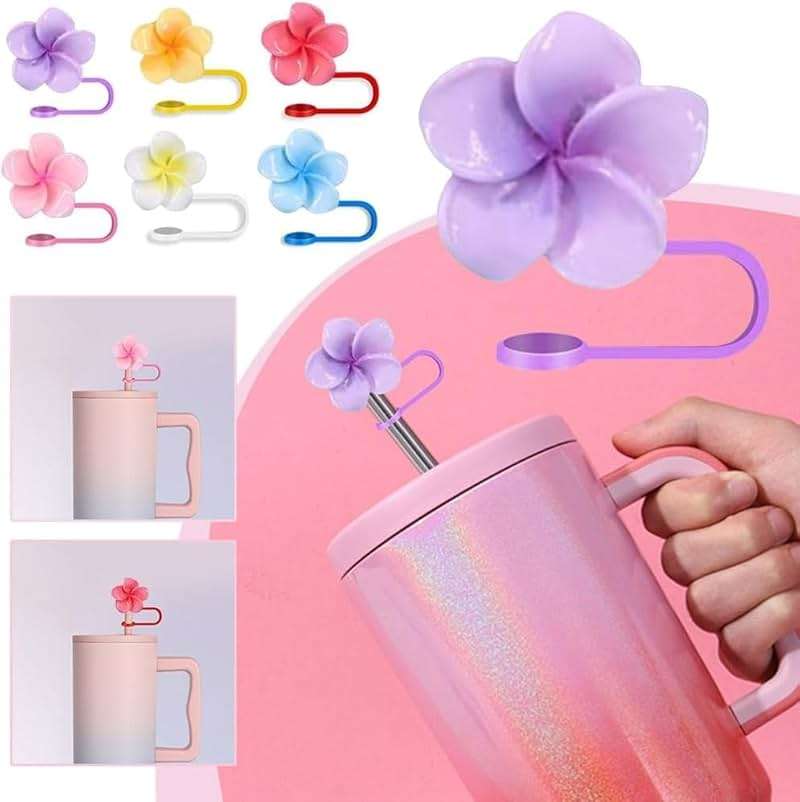Silicone Straw Topper for Stanley 30 and 40 Oz,Splash Proof Straws Topper,Cute Plumeria Cover Cap,Reusable Straws Cap Cover,Drinking Straw Tip Covers for Stanley cups (Blue) - Image 3