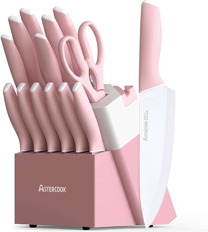 Astercook Knife Set, Kitchen Knives Set with Block and Sharpener 15 Pcs German Stainless Steel Knives Sharp Blade Dishwasher Safe Deba Knives with Ergonomic Handle, Crystal Pink - Image 1