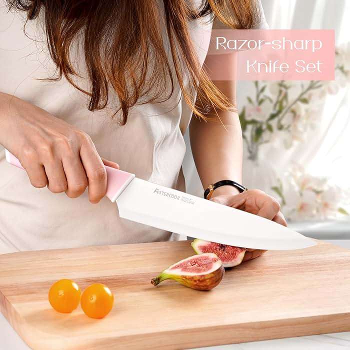 Astercook Knife Set, Kitchen Knives Set with Block and Sharpener 15 Pcs German Stainless Steel Knives Sharp Blade Dishwasher Safe Deba Knives with Ergonomic Handle, Crystal Pink - Image 2