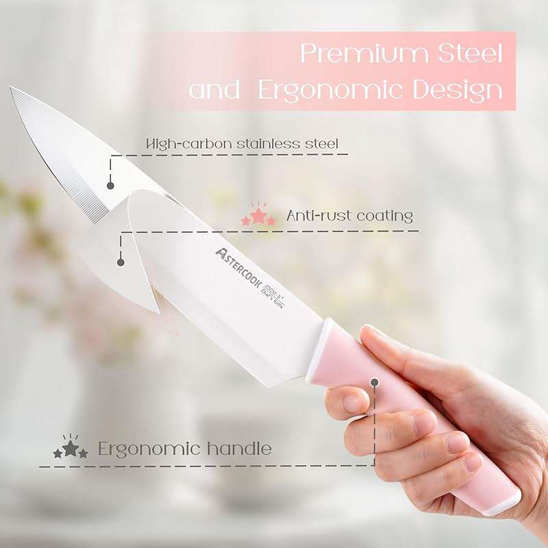 Astercook Knife Set, Kitchen Knives Set with Block and Sharpener 15 Pcs German Stainless Steel Knives Sharp Blade Dishwasher Safe Deba Knives with Ergonomic Handle, Crystal Pink - Image 3