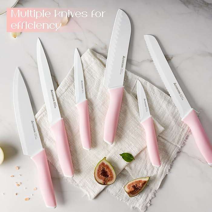 Astercook Knife Set, Kitchen Knives Set with Block and Sharpener 15 Pcs German Stainless Steel Knives Sharp Blade Dishwasher Safe Deba Knives with Ergonomic Handle, Crystal Pink - Image 4
