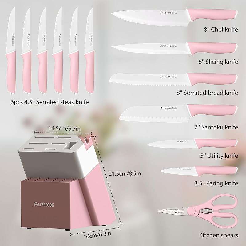 Astercook Knife Set, Kitchen Knives Set with Block and Sharpener 15 Pcs German Stainless Steel Knives Sharp Blade Dishwasher Safe Deba Knives with Ergonomic Handle, Crystal Pink - Image 5