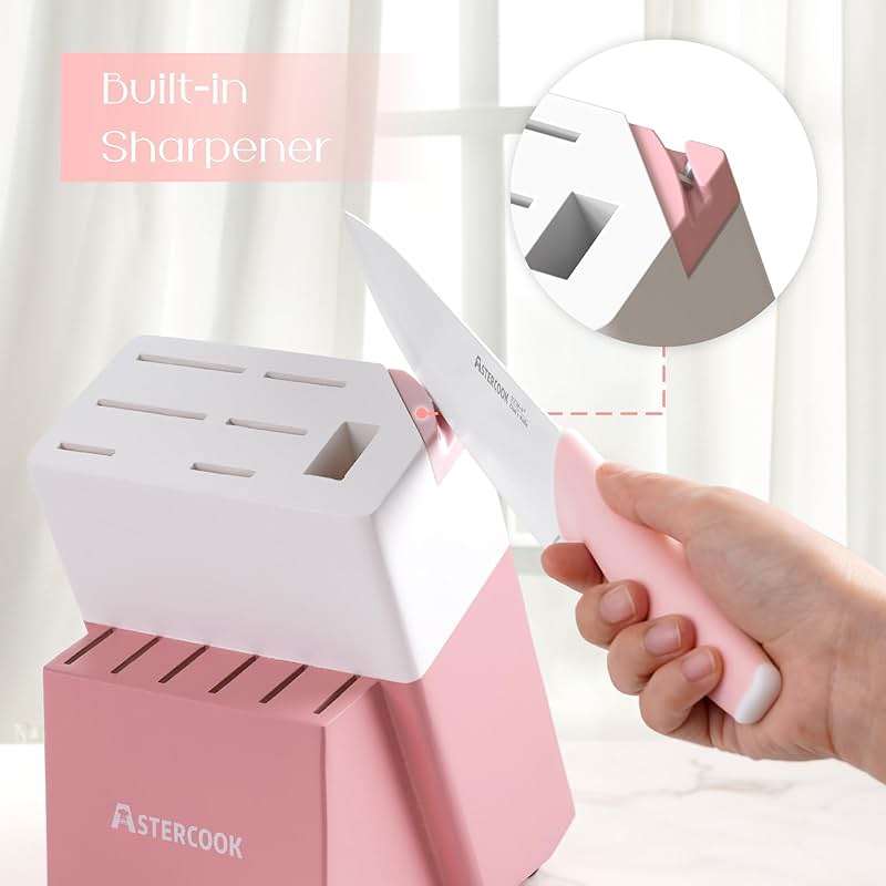Astercook Knife Set, Kitchen Knives Set with Block and Sharpener 15 Pcs German Stainless Steel Knives Sharp Blade Dishwasher Safe Deba Knives with Ergonomic Handle, Crystal Pink - Image 6