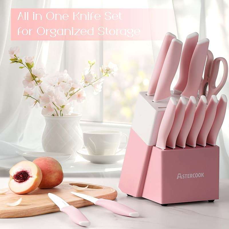 Astercook Knife Set, Kitchen Knives Set with Block and Sharpener 15 Pcs German Stainless Steel Knives Sharp Blade Dishwasher Safe Deba Knives with Ergonomic Handle, Crystal Pink - Image 8