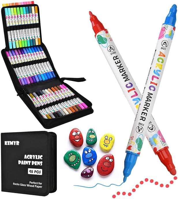 KEMYR 48 Colors Acrylic Paint Pens, Dual Tip Acrylic Paint Markers for Paper, Wood, Canvas, Stone, Rock Painting, Glass, Fabric, DIY, Ceramic, Art Supplies for Adults Drawing (Dot + Fine) - Image 1