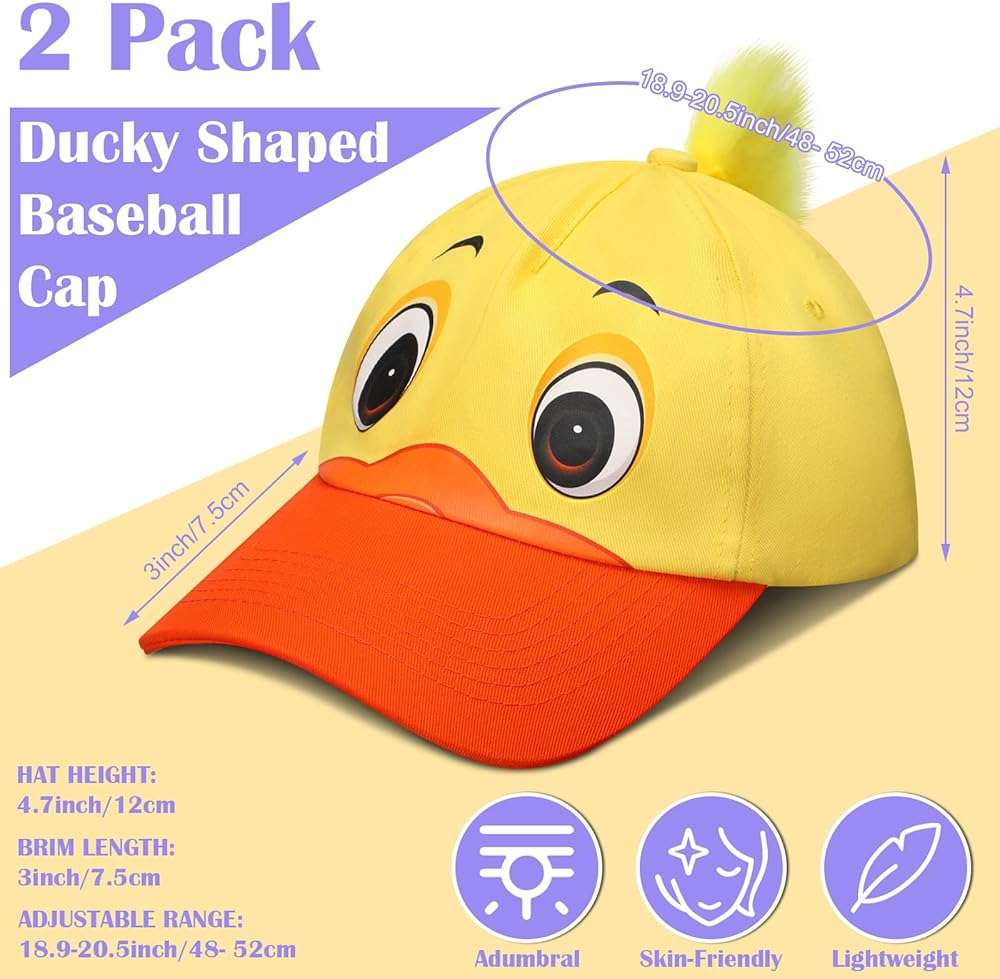 Riyiper 2 Pack Duck Hat Baseball Cap Funny Duck Hats Yellow Cute Print Hat with Adjustable Snap Back for Girls Boys Birthday Party - Image 2