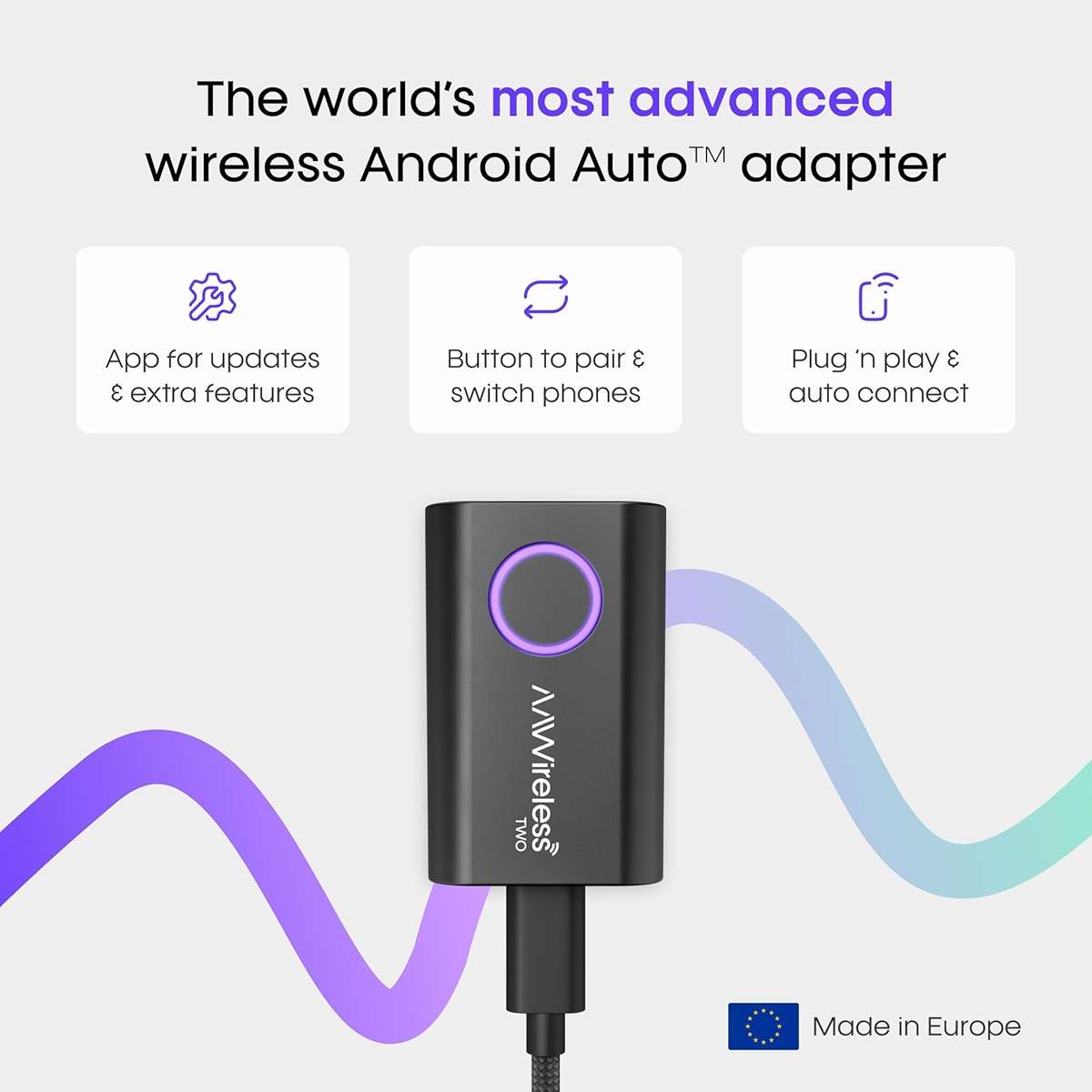 AAWireless Two – Wireless Android Auto Adapter – Convert Factory Wired Android Auto to Wireless – Bluetooth & Wi-Fi Auto Connect – Easy Plug & Play – Multifunction Button – Made in Europe - Image 3