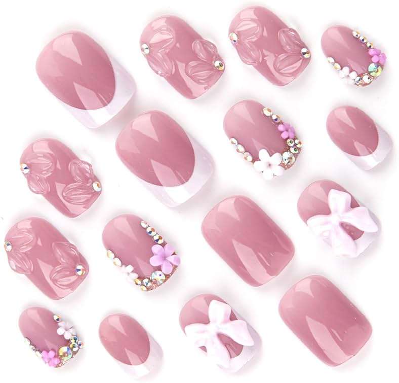 Pink Press on Short Square Fake Nails with 3D Bow Charms Design - Flower False Glue on Cute Acrylic Rhinestone Glossy Full Cover Stick on for Women Manicure - 24Pcs - Image 2
