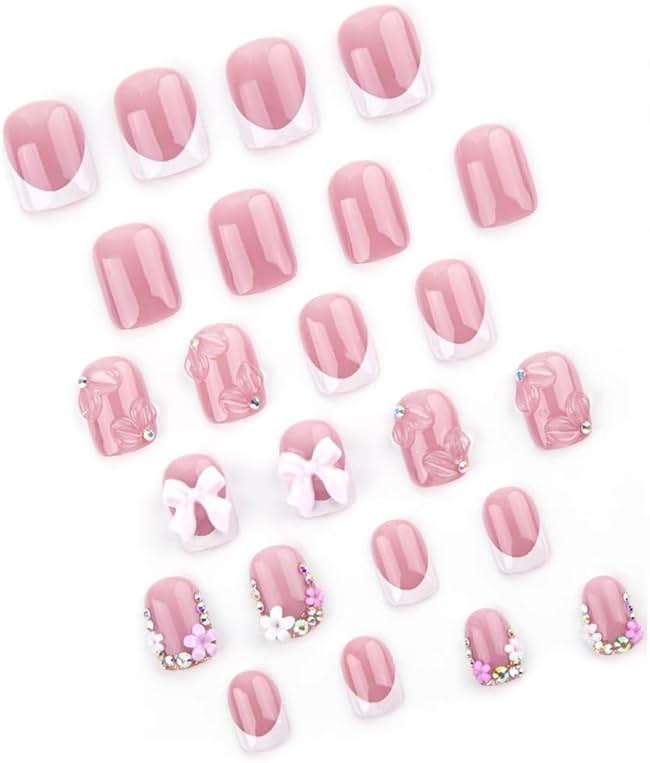 Pink Press on Short Square Fake Nails with 3D Bow Charms Design - Flower False Glue on Cute Acrylic Rhinestone Glossy Full Cover Stick on for Women Manicure - 24Pcs - Image 3