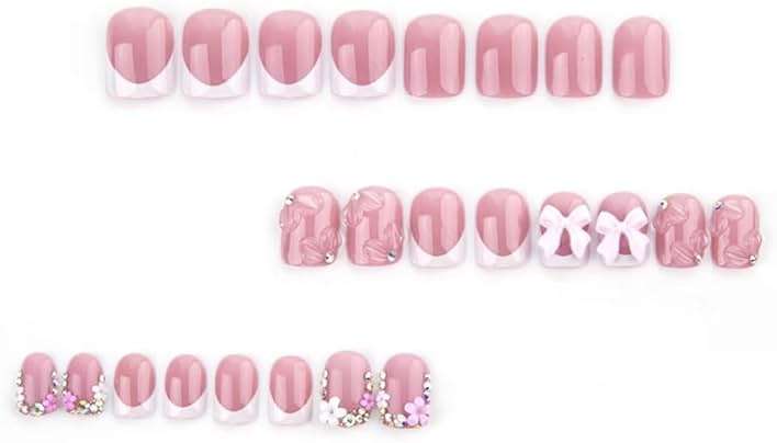 Pink Press on Short Square Fake Nails with 3D Bow Charms Design - Flower False Glue on Cute Acrylic Rhinestone Glossy Full Cover Stick on for Women Manicure - 24Pcs - Image 4