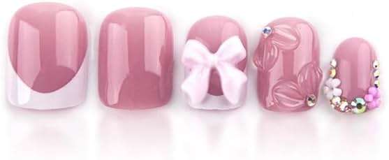 Pink Press on Short Square Fake Nails with 3D Bow Charms Design - Flower False Glue on Cute Acrylic Rhinestone Glossy Full Cover Stick on for Women Manicure - 24Pcs - Image 5