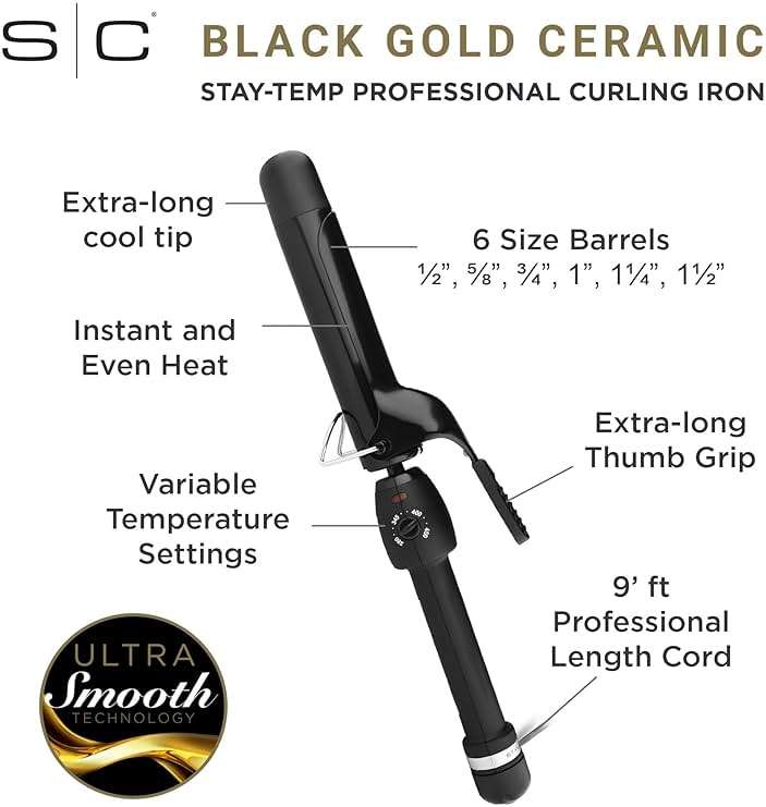 StyleCraft Stay-Temp Black Gold Professional Curling Iron with Extra-Long Thumb Grip, Extended Barrel, Marcel - Image 2