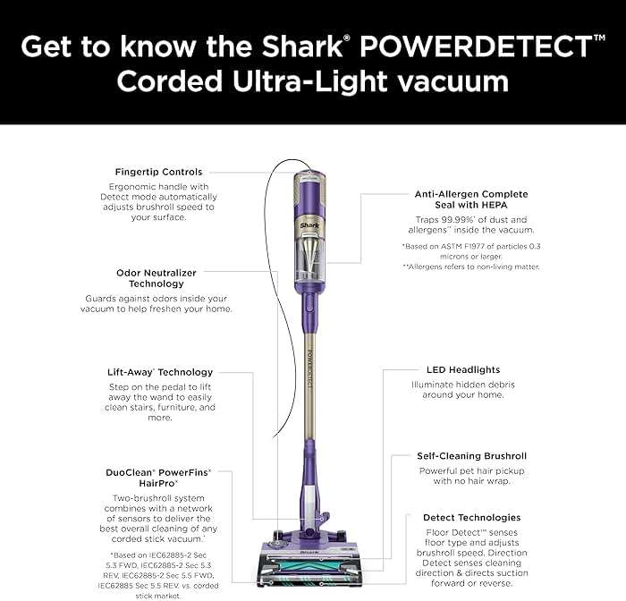 Shark POWERDETECT Ultra-Light Corded Stick Vacuum with DuoClean Technology, Self-Cleaning Brushroll for No Hair Wrap, Anti-Allergen Complete Seal & Odor Neutralizer Technology, Eggplant, HZ4002 - Image 17