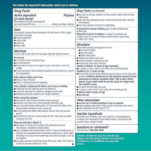 Nasonex 24HR Allergy Nasal Spray, Non-Drowsy, Scent-Free Mist,Allergy Symptoms + Nasal Congestion, Full Prescription Strength, 120 Sprays (3 Pack) - Image 8