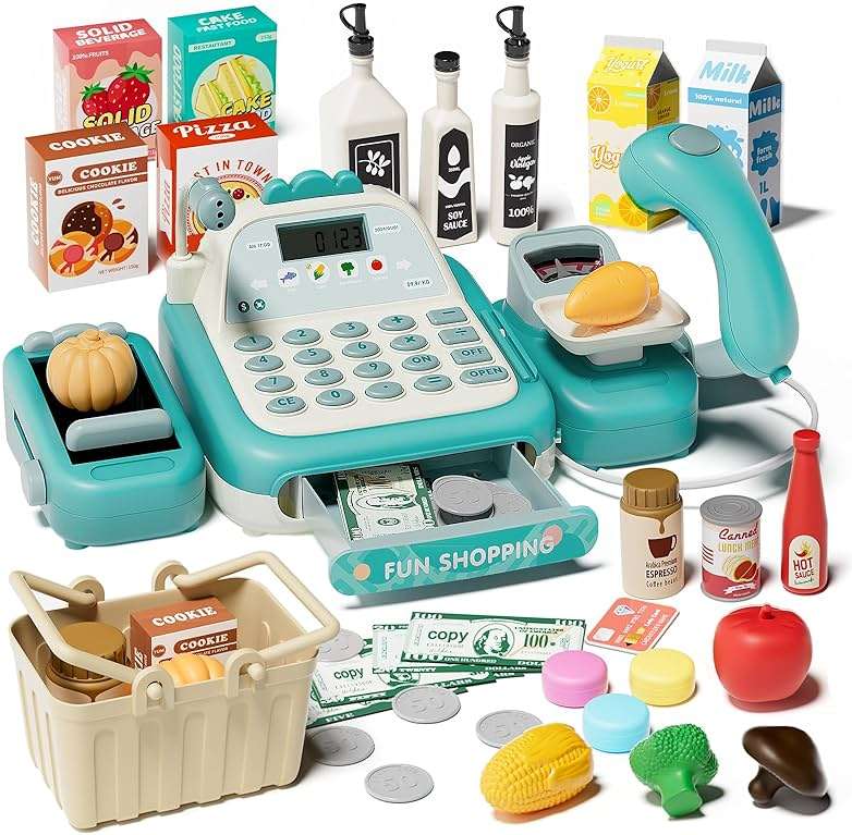 STACTCUTE 49Pcs Cash Register Toy Set for Kids, Pretend Play Grocery Store Cashier Playset with Conveyor Belt, Scanner, Weighing Scale, Calculator & Microphone, Toys Gift for Toddlers Ages 3-8 (Green) - Image 1