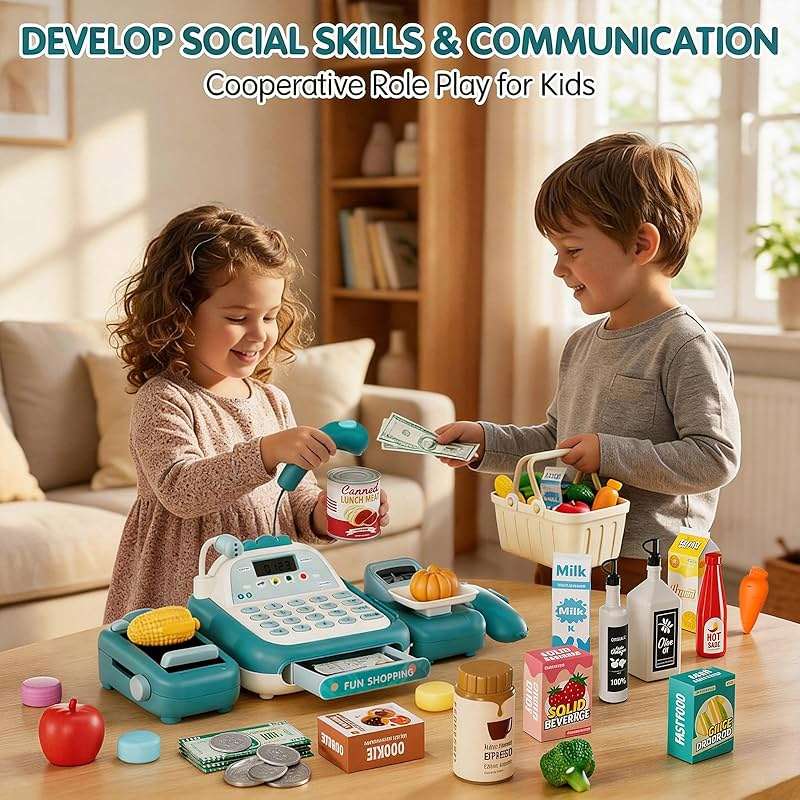 STACTCUTE 49Pcs Cash Register Toy Set for Kids, Pretend Play Grocery Store Cashier Playset with Conveyor Belt, Scanner, Weighing Scale, Calculator & Microphone, Toys Gift for Toddlers Ages 3-8 (Green) - Image 2