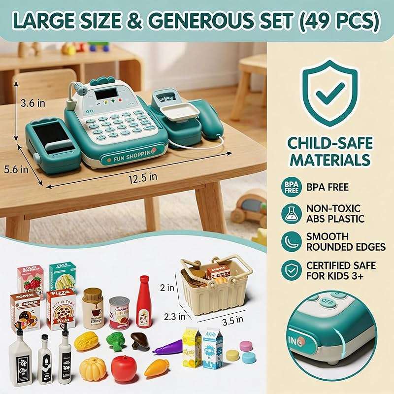 STACTCUTE 49Pcs Cash Register Toy Set for Kids, Pretend Play Grocery Store Cashier Playset with Conveyor Belt, Scanner, Weighing Scale, Calculator & Microphone, Toys Gift for Toddlers Ages 3-8 (Green) - Image 3