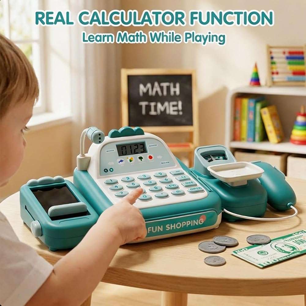 STACTCUTE 49Pcs Cash Register Toy Set for Kids, Pretend Play Grocery Store Cashier Playset with Conveyor Belt, Scanner, Weighing Scale, Calculator & Microphone, Toys Gift for Toddlers Ages 3-8 (Green) - Image 4