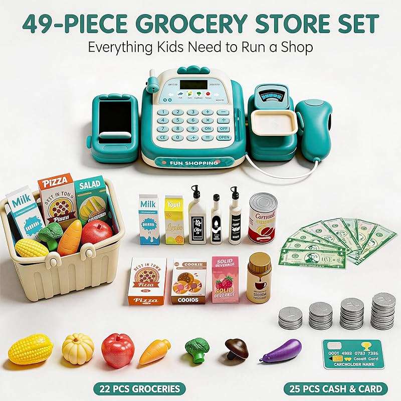 STACTCUTE 49Pcs Cash Register Toy Set for Kids, Pretend Play Grocery Store Cashier Playset with Conveyor Belt, Scanner, Weighing Scale, Calculator & Microphone, Toys Gift for Toddlers Ages 3-8 (Green) - Image 6