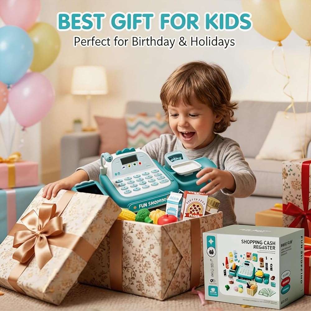 STACTCUTE 49Pcs Cash Register Toy Set for Kids, Pretend Play Grocery Store Cashier Playset with Conveyor Belt, Scanner, Weighing Scale, Calculator & Microphone, Toys Gift for Toddlers Ages 3-8 (Green) - Image 7