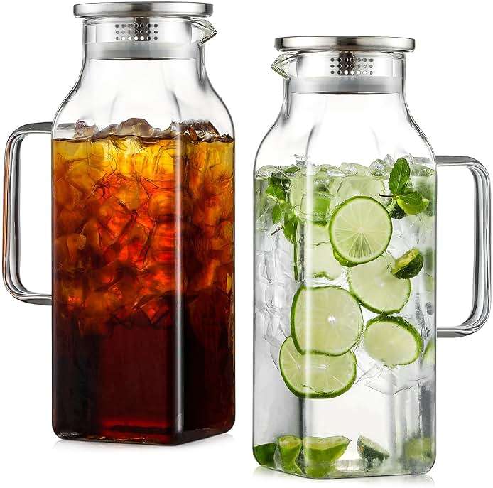 Netany 2 Pack 2.22 Liters/75 oz Square Glass Pitcher with Lid and Handle for Fridge, Iced Tea and Coffee Carafe Beverage Serveware, Heat Resistant Borosilicate Water Jug for Hot/Cold Drinks and Milk - Image 1