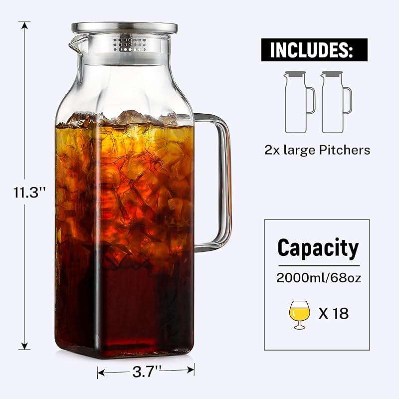 Netany 2 Pack 2.22 Liters/75 oz Square Glass Pitcher with Lid and Handle for Fridge, Iced Tea and Coffee Carafe Beverage Serveware, Heat Resistant Borosilicate Water Jug for Hot/Cold Drinks and Milk - Image 3