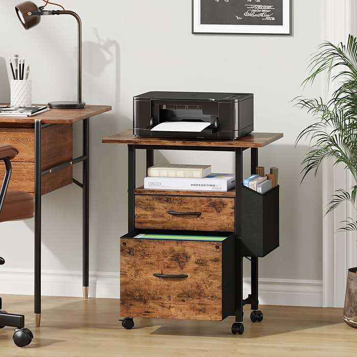 GYIIYUO 2 Drawer File Cabinet with 24'' Extended Desktop, Mobile Filing Cabinet, Rolling File Cabinet with Side Bag, Fabric Drawer, Fits A4/Letter Size, Printer Stand Home Office, Light Brown - Image 3