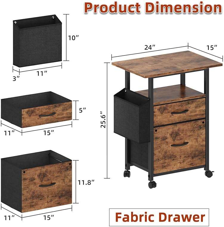 GYIIYUO 2 Drawer File Cabinet with 24'' Extended Desktop, Mobile Filing Cabinet, Rolling File Cabinet with Side Bag, Fabric Drawer, Fits A4/Letter Size, Printer Stand Home Office, Light Brown - Image 4