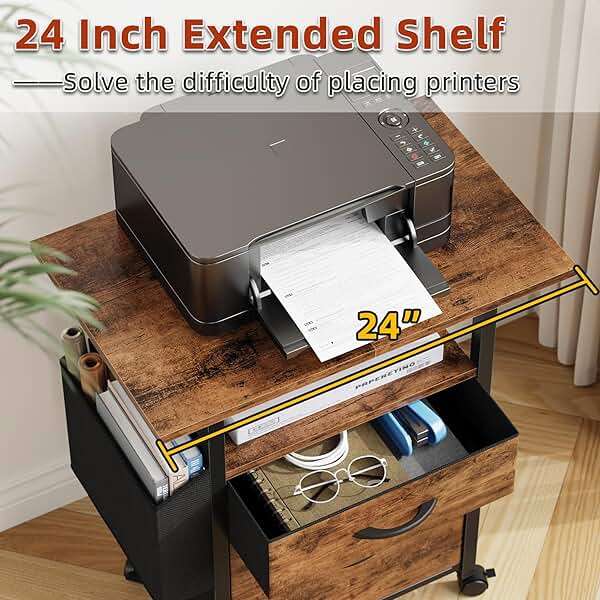 GYIIYUO 2 Drawer File Cabinet with 24'' Extended Desktop, Mobile Filing Cabinet, Rolling File Cabinet with Side Bag, Fabric Drawer, Fits A4/Letter Size, Printer Stand Home Office, Light Brown - Image 5