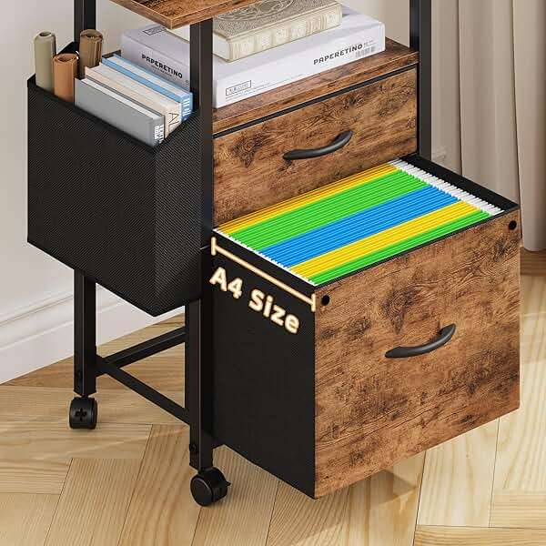 GYIIYUO 2 Drawer File Cabinet with 24'' Extended Desktop, Mobile Filing Cabinet, Rolling File Cabinet with Side Bag, Fabric Drawer, Fits A4/Letter Size, Printer Stand Home Office, Light Brown - Image 7
