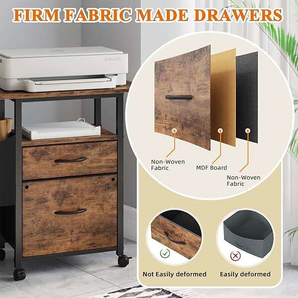 GYIIYUO 2 Drawer File Cabinet with 24'' Extended Desktop, Mobile Filing Cabinet, Rolling File Cabinet with Side Bag, Fabric Drawer, Fits A4/Letter Size, Printer Stand Home Office, Light Brown - Image 9