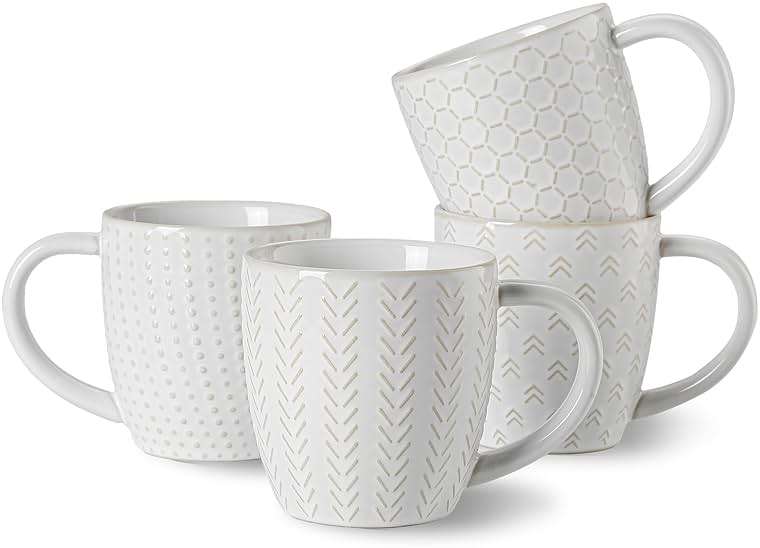 Lareina Coffee Mug Set of 4, 12 oz Ceramic Embossment Mug Set for Latte, Hot Tea, Cappuccino, Mocha, Cocoa, Housewarming Wedding Gift, Ivory White - Image 1