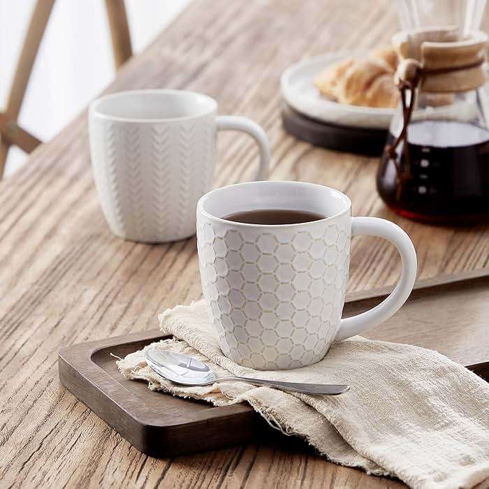 Lareina Coffee Mug Set of 4, 12 oz Ceramic Embossment Mug Set for Latte, Hot Tea, Cappuccino, Mocha, Cocoa, Housewarming Wedding Gift, Ivory White - Image 2