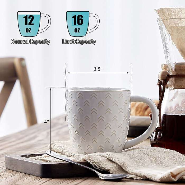 Lareina Coffee Mug Set of 4, 12 oz Ceramic Embossment Mug Set for Latte, Hot Tea, Cappuccino, Mocha, Cocoa, Housewarming Wedding Gift, Ivory White - Image 3