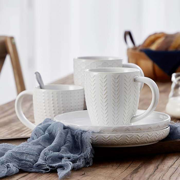 Lareina Coffee Mug Set of 4, 12 oz Ceramic Embossment Mug Set for Latte, Hot Tea, Cappuccino, Mocha, Cocoa, Housewarming Wedding Gift, Ivory White - Image 5
