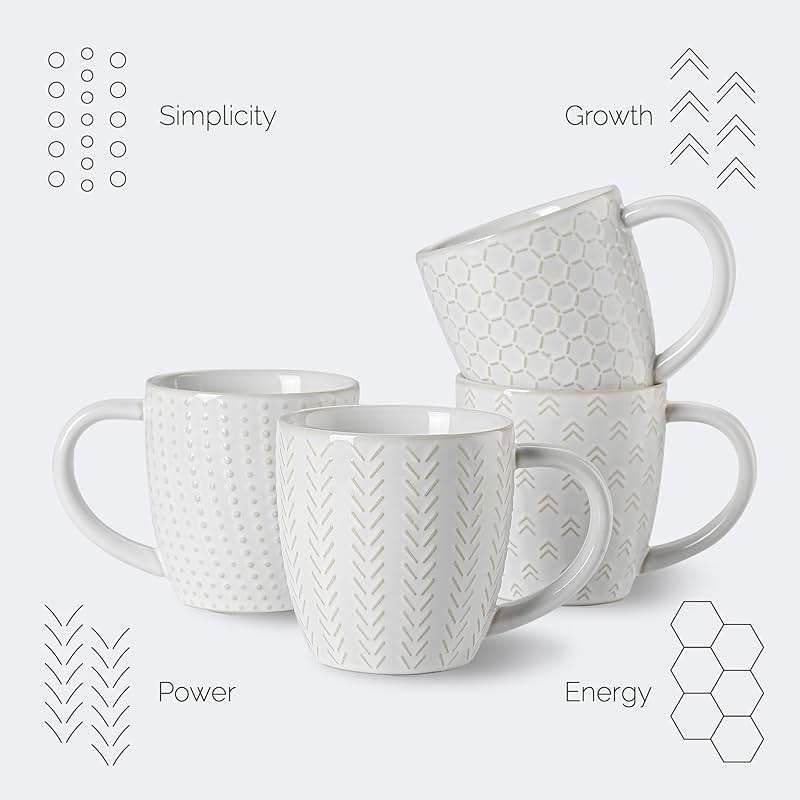 Lareina Coffee Mug Set of 4, 12 oz Ceramic Embossment Mug Set for Latte, Hot Tea, Cappuccino, Mocha, Cocoa, Housewarming Wedding Gift, Ivory White - Image 6