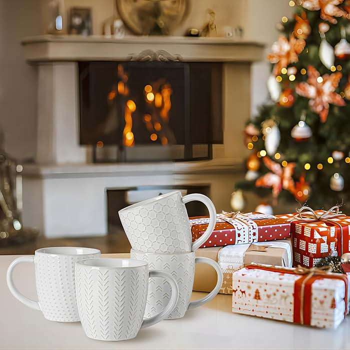 Lareina Coffee Mug Set of 4, 12 oz Ceramic Embossment Mug Set for Latte, Hot Tea, Cappuccino, Mocha, Cocoa, Housewarming Wedding Gift, Ivory White - Image 8