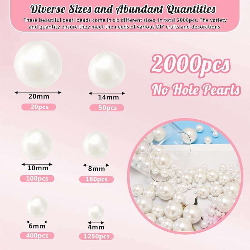 2000PCS Pearls for Crafting, Ivory No Hole Beads for Centerpieces Vases, Assorted Sizes Bulk Fake Pearls Beads for Vase Filler, Candles Centerpiece, DIY Crafts, Jewelry Making (4/6/8/10/14/20mm) - Image 2