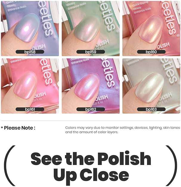 Beetles Pearl Nail Polish Set Mermaid Glow, 6 Colors Shimmer Pearl Pink Purple Quick Dry Nail Polish Long Lasting DIY Manicure Gift for Girls Women Nail Strengthener Polish - Image 6