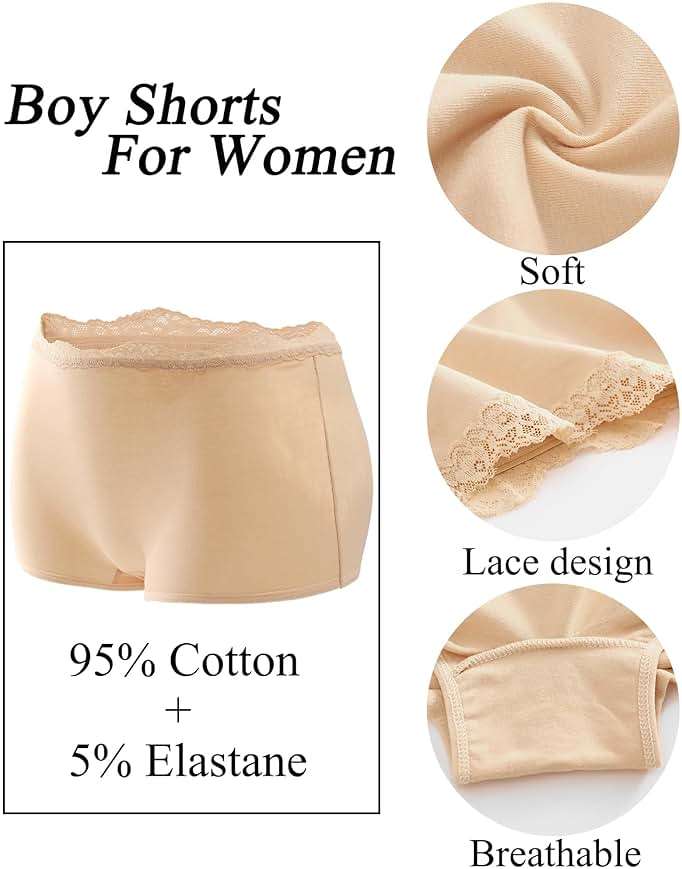 UNDER THE SEA Boy Shorts Underwear for Women Cotton Boxer Briefs Full Covreage Lace Boyshort Womens Panties 6 Pack - Image 7