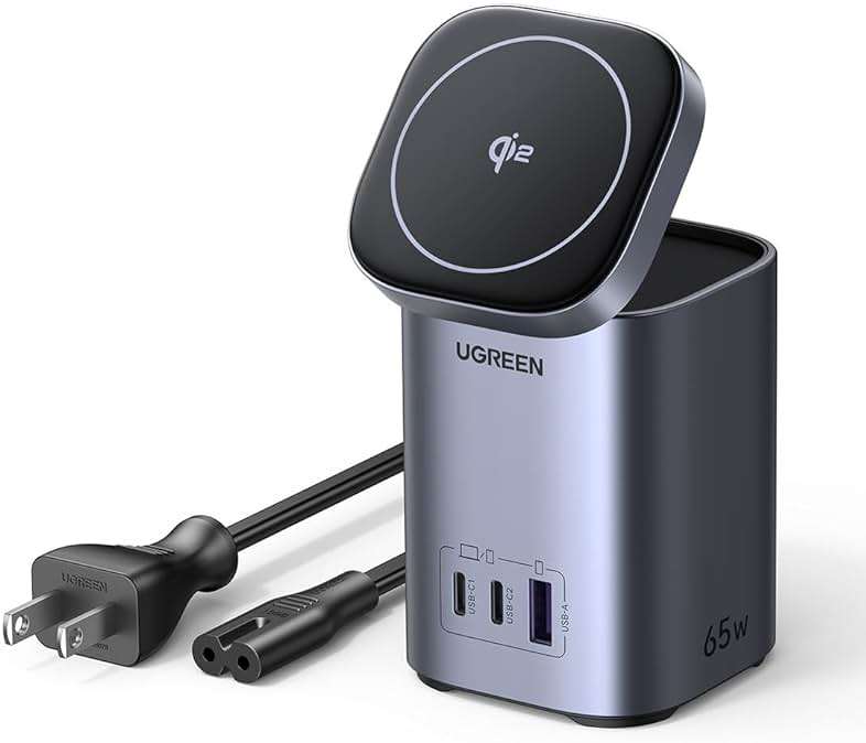 UGREEN Nexode 65W GaN USB C Charging Station Stand Foldable, 3-Port Desktop Charger with 15W Qi2 MagSafe Wireless Charging Stand for iPhone 17/16/15/14/13/12, Galaxy S25/S24, Pixel 10/9, iPad Air - Image 1