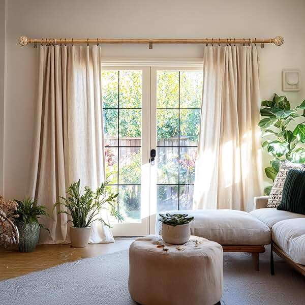 QDWIS Wood Curtain Rods for Windows 48 to 84 Inch,1'' Diameter Drapery Rods with Imitation Wood Grain Leaf Pattern Finials,Boho Adjustable Heavy Duty Curtain Rods Set,36-88'',Color:Natural Wood - Image 3