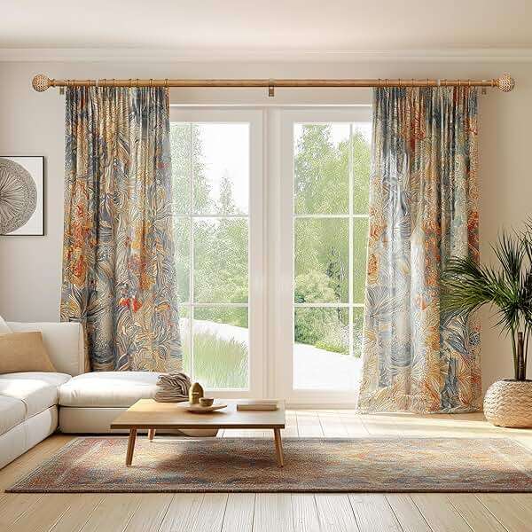 QDWIS Wood Curtain Rods for Windows 48 to 84 Inch,1'' Diameter Drapery Rods with Imitation Wood Grain Leaf Pattern Finials,Boho Adjustable Heavy Duty Curtain Rods Set,36-88'',Color:Natural Wood - Image 4