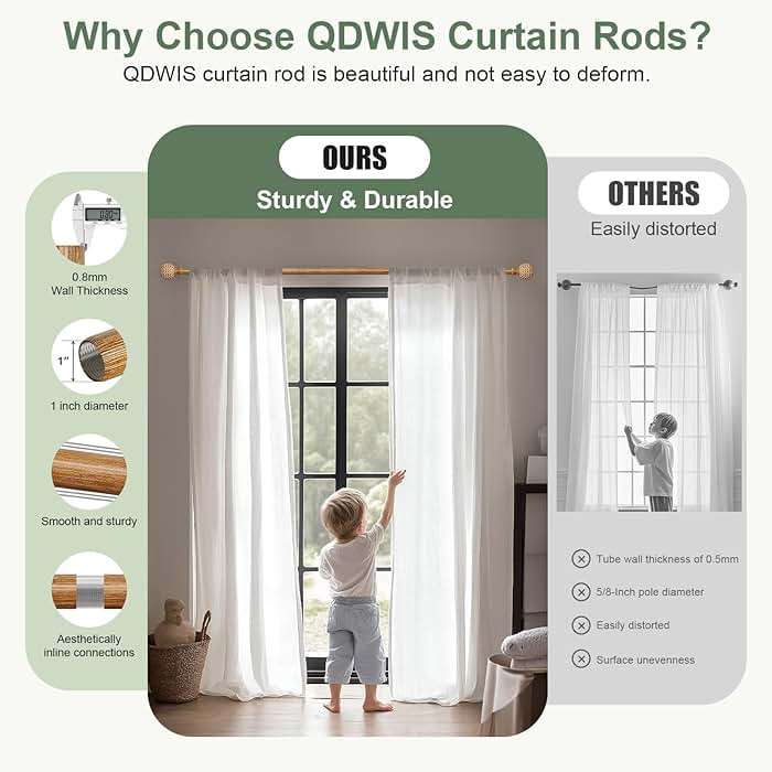 QDWIS Wood Curtain Rods for Windows 48 to 84 Inch,1'' Diameter Drapery Rods with Imitation Wood Grain Leaf Pattern Finials,Boho Adjustable Heavy Duty Curtain Rods Set,36-88'',Color:Natural Wood - Image 5