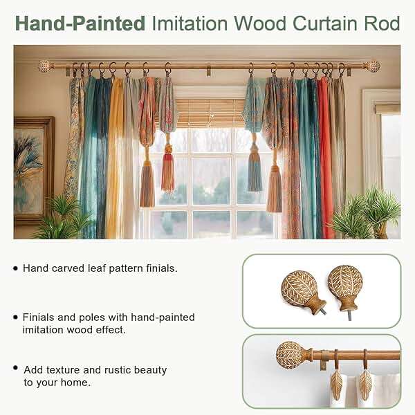 QDWIS Wood Curtain Rods for Windows 48 to 84 Inch,1'' Diameter Drapery Rods with Imitation Wood Grain Leaf Pattern Finials,Boho Adjustable Heavy Duty Curtain Rods Set,36-88'',Color:Natural Wood - Image 7