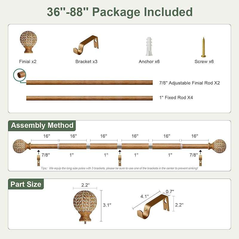 QDWIS Wood Curtain Rods for Windows 48 to 84 Inch,1'' Diameter Drapery Rods with Imitation Wood Grain Leaf Pattern Finials,Boho Adjustable Heavy Duty Curtain Rods Set,36-88'',Color:Natural Wood - Image 9