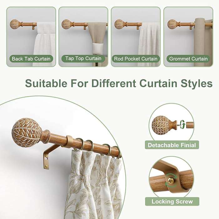 QDWIS Wood Curtain Rods for Windows 48 to 84 Inch,1'' Diameter Drapery Rods with Imitation Wood Grain Leaf Pattern Finials,Boho Adjustable Heavy Duty Curtain Rods Set,36-88'',Color:Natural Wood - Image 10